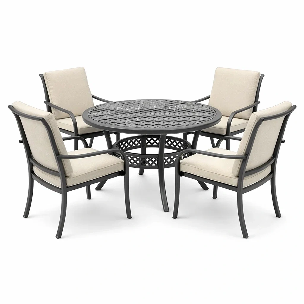 Set tavolo e sedie da Giardino in Alluminio con Tavolo Rotondo e 4 Sedie con Cuscini Crema-FURNIWONDER