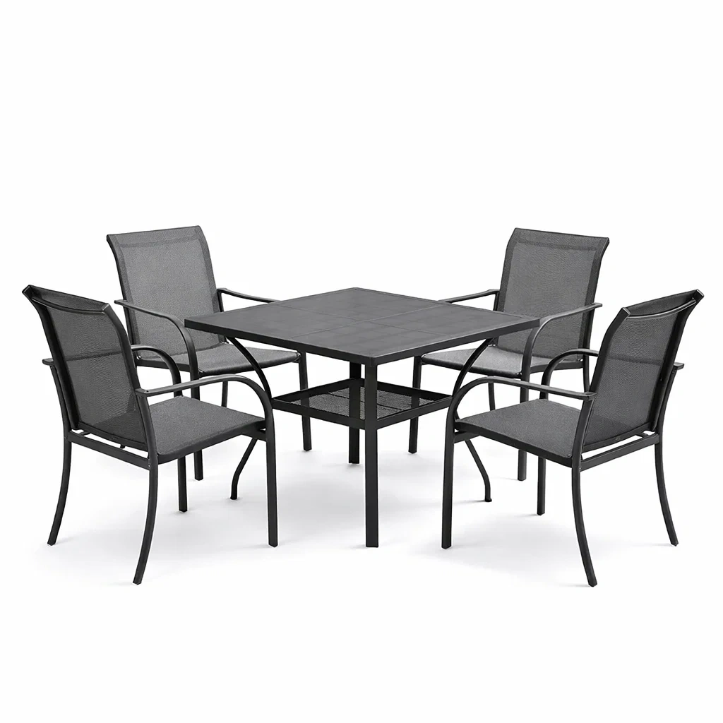 Set tavolo e sedie da Esterno in Metallo e Textilene Grigio-FURNIWONDER