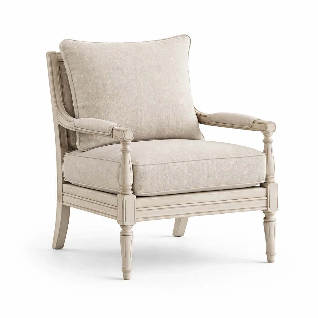 Poltrona in Legno Massello con Rivestimento in Tessuto Poliestere Beige-NESTINHOUSE