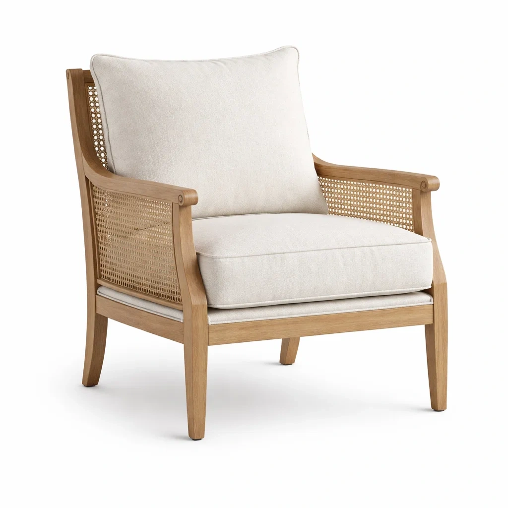 Poltrona in Legno e Rattan con Cuscini in Cotone Beige-NESTINHOUSE