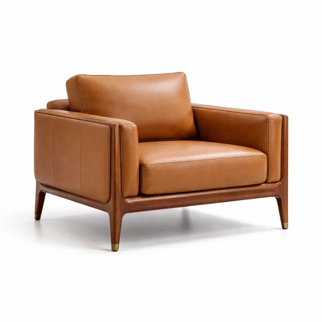 Poltrona in Pelle Marrone con Struttura in Legno-NESTINHOUSE