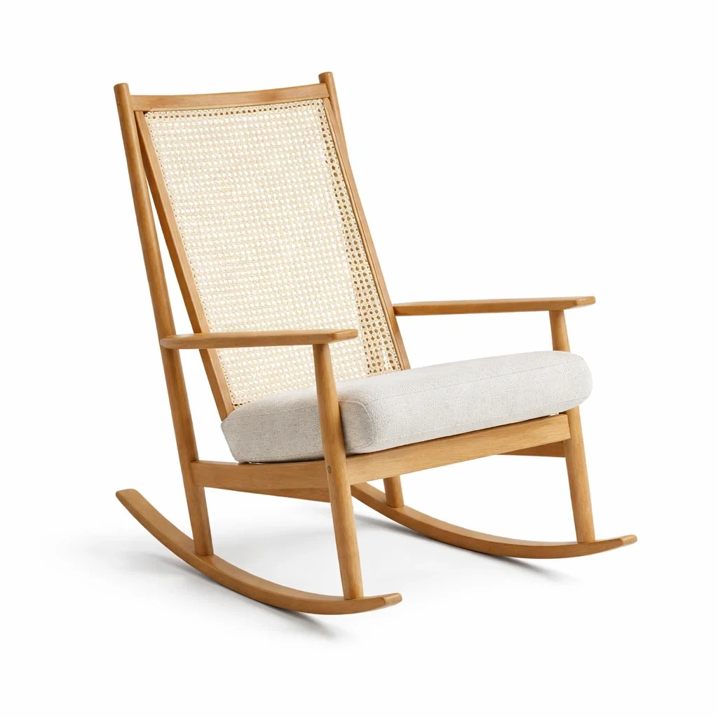 Sedia a dondolo in Legno di Quercia con Schienale in Rattan-NESTINHOUSE