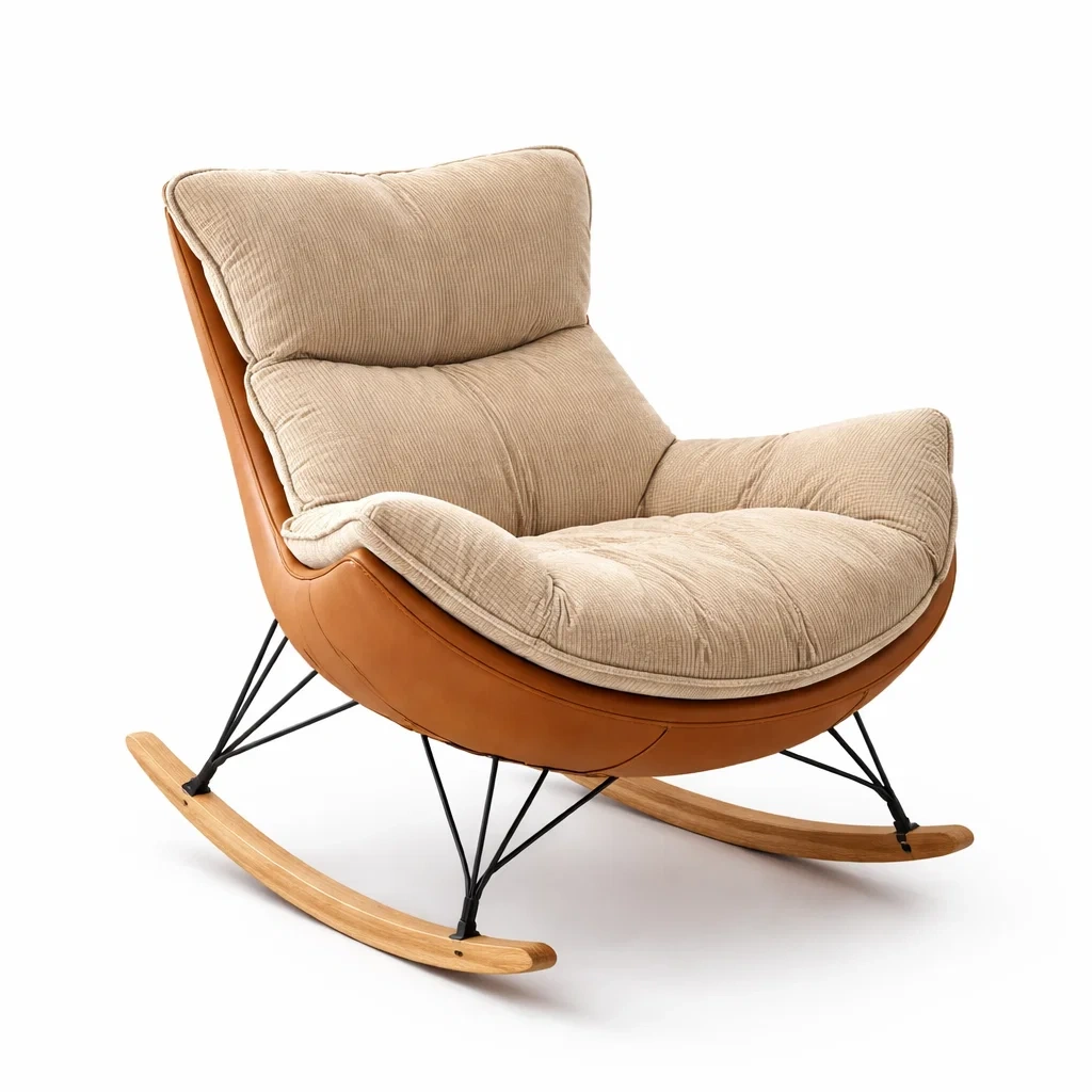 Sedia a dondolo in Tessuto a Coste Beige con Struttura in Faggio e Acciaio-NESTINHOUSE