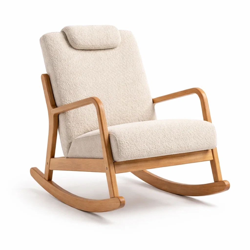 Sedia a dondolo in Legno di Faggio e Tessuto Bouclé Beige-NESTINHOUSE