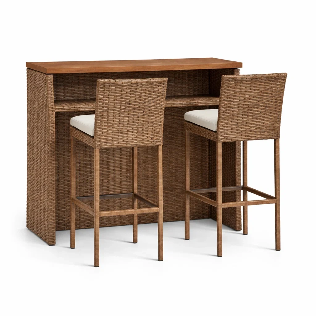 Set da bar da Giardino in Rattan con Tavolo in Legno e 2 Sgabelli con Cuscini-NESTINHOUSE