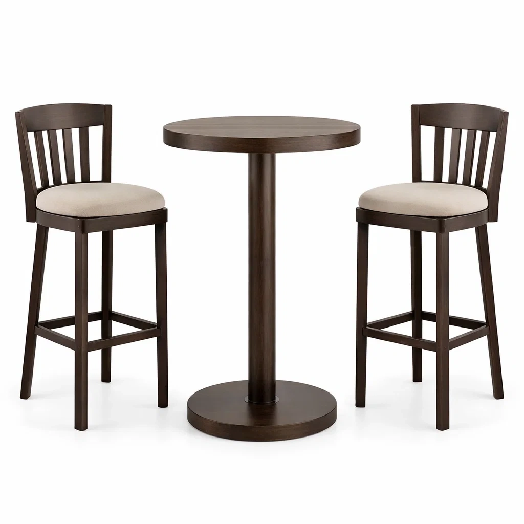 Set da bar con Tavolo Rotondo e Due Sgabelli in Legno e Tessuto Beige-NESTINHOUSE
