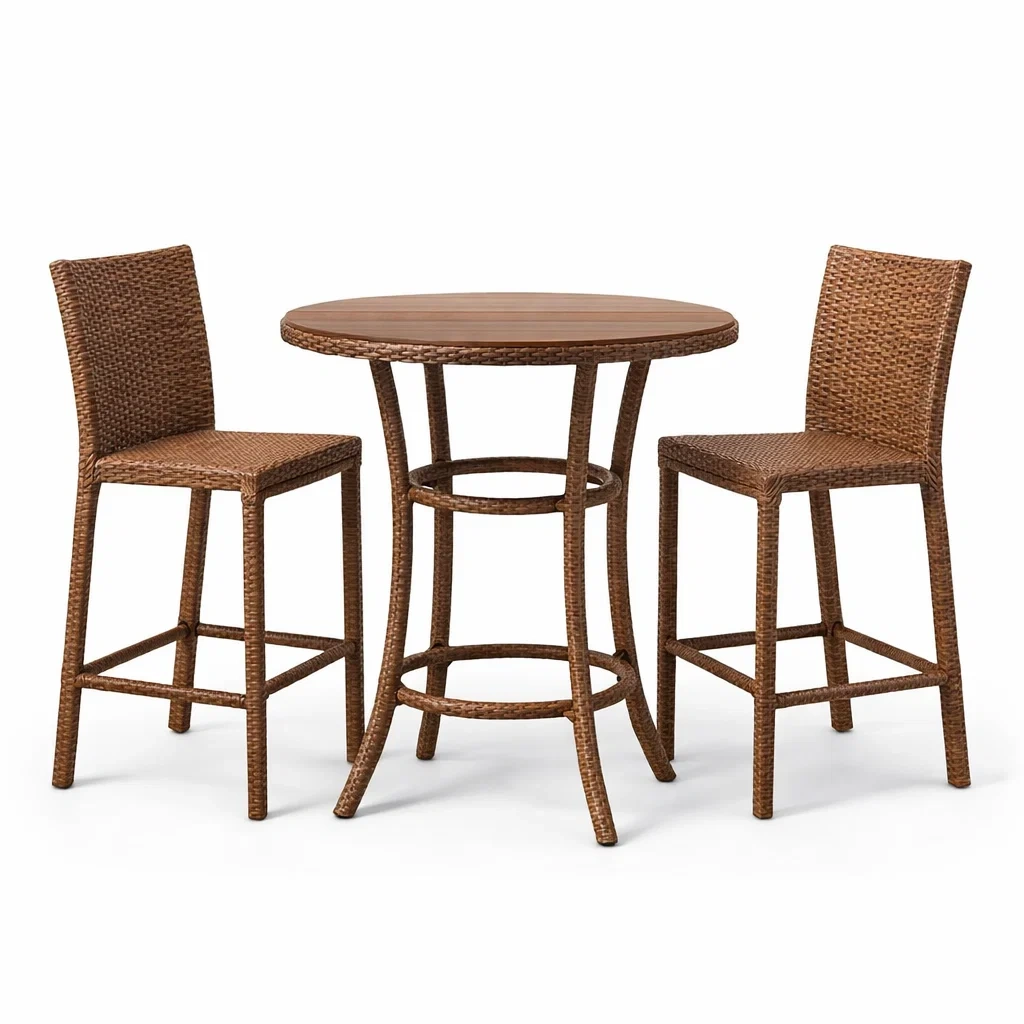 Set da bar con Tavolo Rotondo in Legno e Sedie Alte in Rattan Marrone-NESTINHOUSE