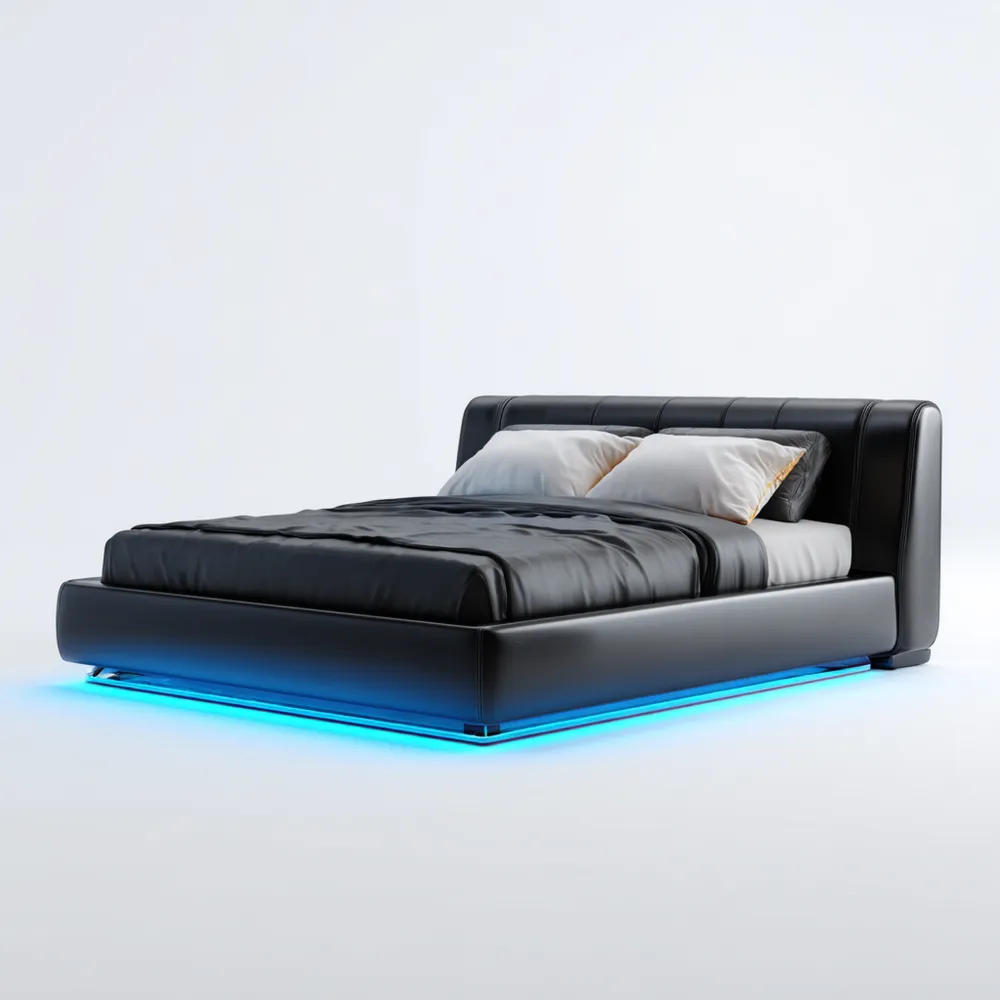 Doppelbett Kunstleder Schwarz mit LED-Beleuchtung 200x180 cm