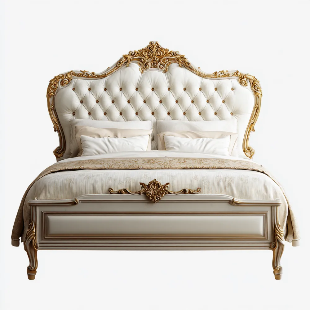 Barockstil Polsterbett Massivholzrahmen Vintage Weiß/Gold