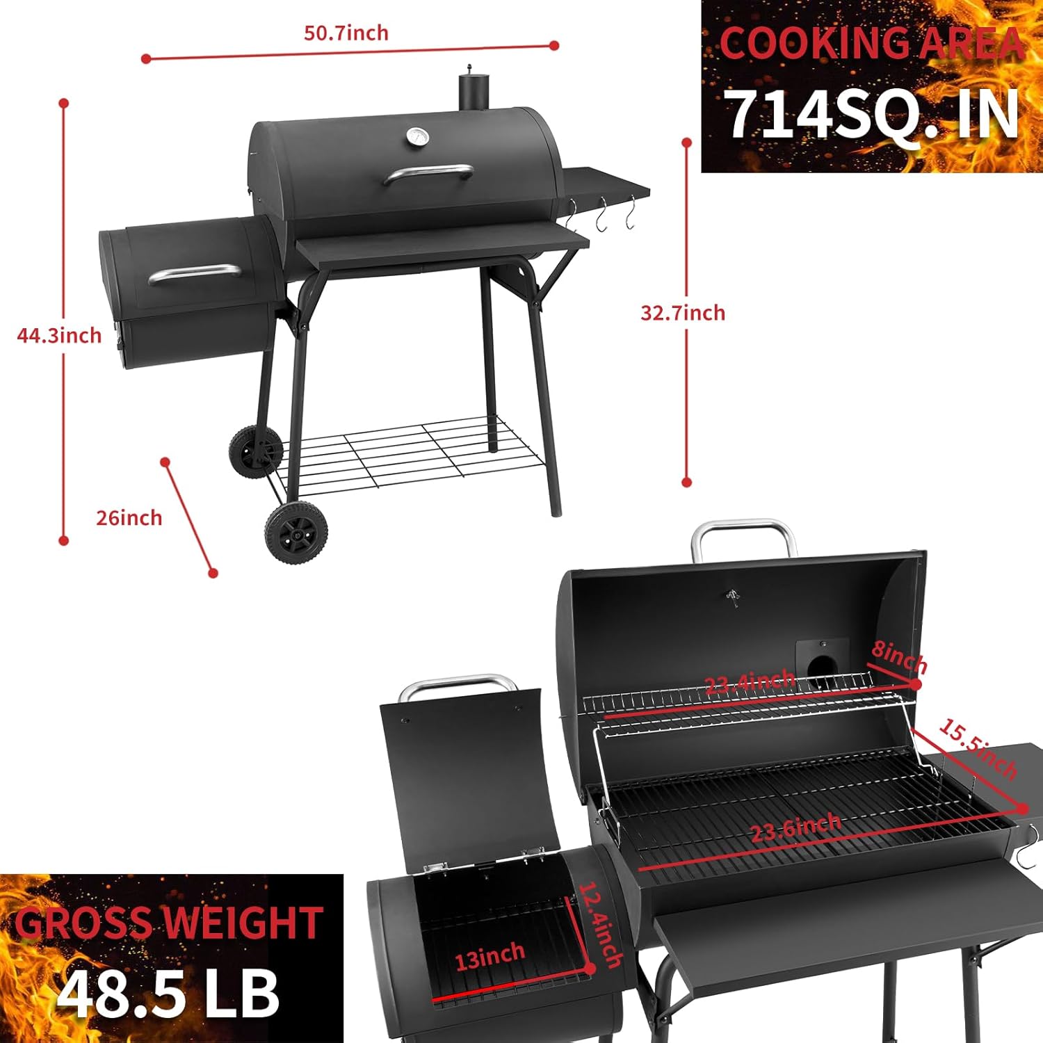 Barrel Charcoal Grill, Large Charcoal Grills with Side Shelf, Outdoor BBQ Grill,Perfect for Backyard Camping, Patio Parties, and Picnics