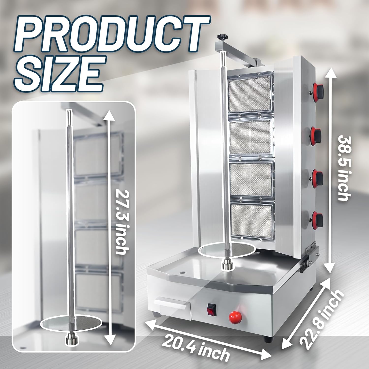 Commercial Shawarma Machine Vertical Rotisserie Grill with 4 Burners Adjustable Distance