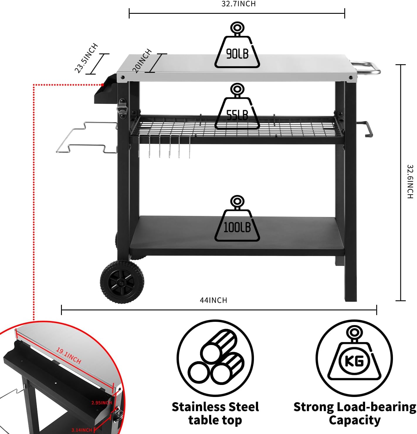 Grill Cart Table with Three Shelf