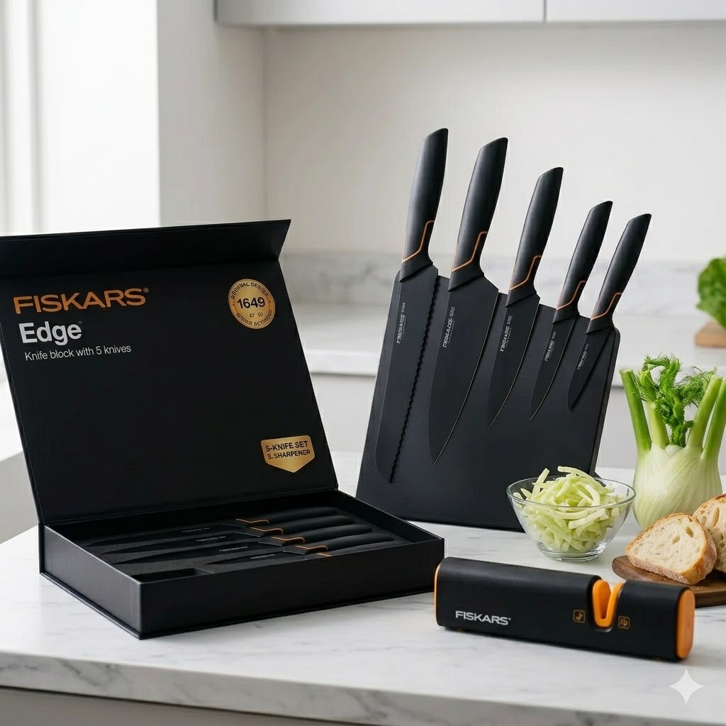 Omejena izdaja: FISKARS® 5-DELNI KOMPLET NOŽEV V FISKARS EDGE BLOCKU, OSTRI KUHINJSKI NOŽ + KOMPLET ZA BRUSENJE