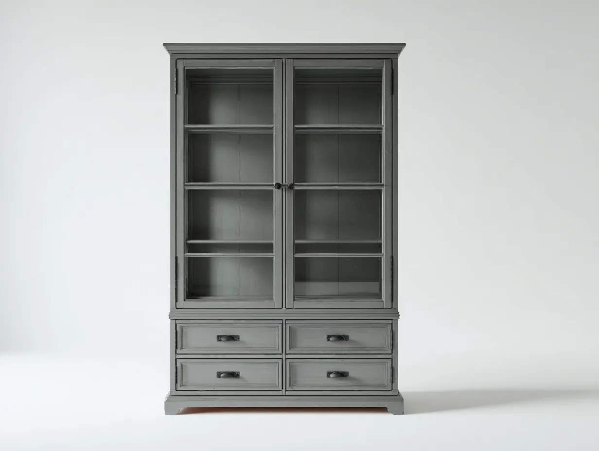 Vitrinas de madera con 4 cajones y 2 puertas de vidrio 120x45x200 cm - gris - diseño clásico para comedor y salón-Homimyhaus