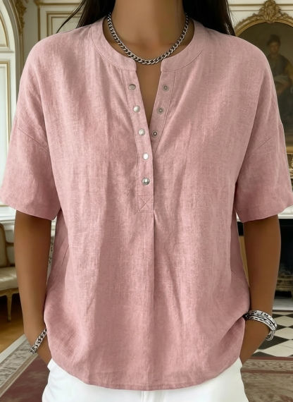 New Arrivals🔥 Women’s Casual Henley Collar Linen And Cotton Short-sleeve Shirt