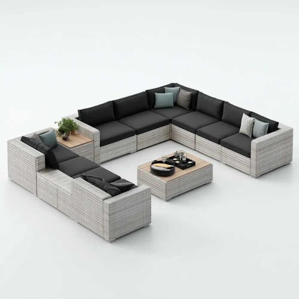 Conjunto de Sofá de Jardín Ratan Modular 250x250 cm (Sofá) 60x60x35 cm (Mesa de Centro) – Gris/Negro – Diseño Contemporáneo
