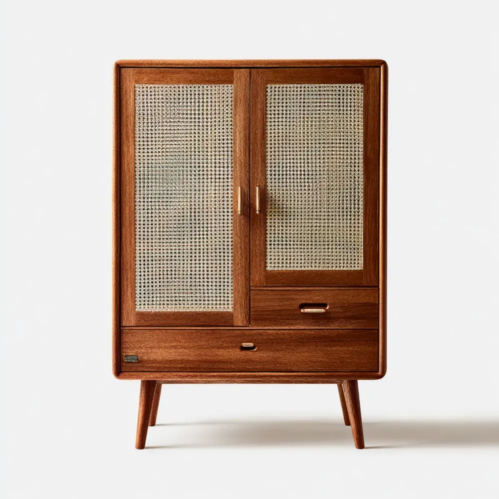 Armario de Madera con Puertas de Ratán 80x40x120 cm - Marrón - Diseño Retro