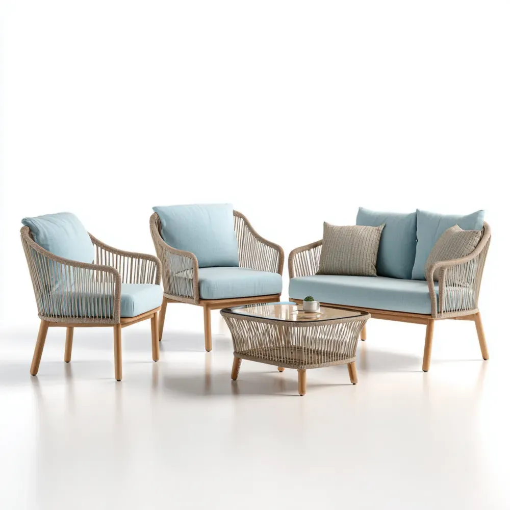 Conjunto de Sofás de Jardín Ratán 75x70x80 cm + Sofá 140x70x80 cm + Mesa Centro 90x50x40 cm – Azul Claro