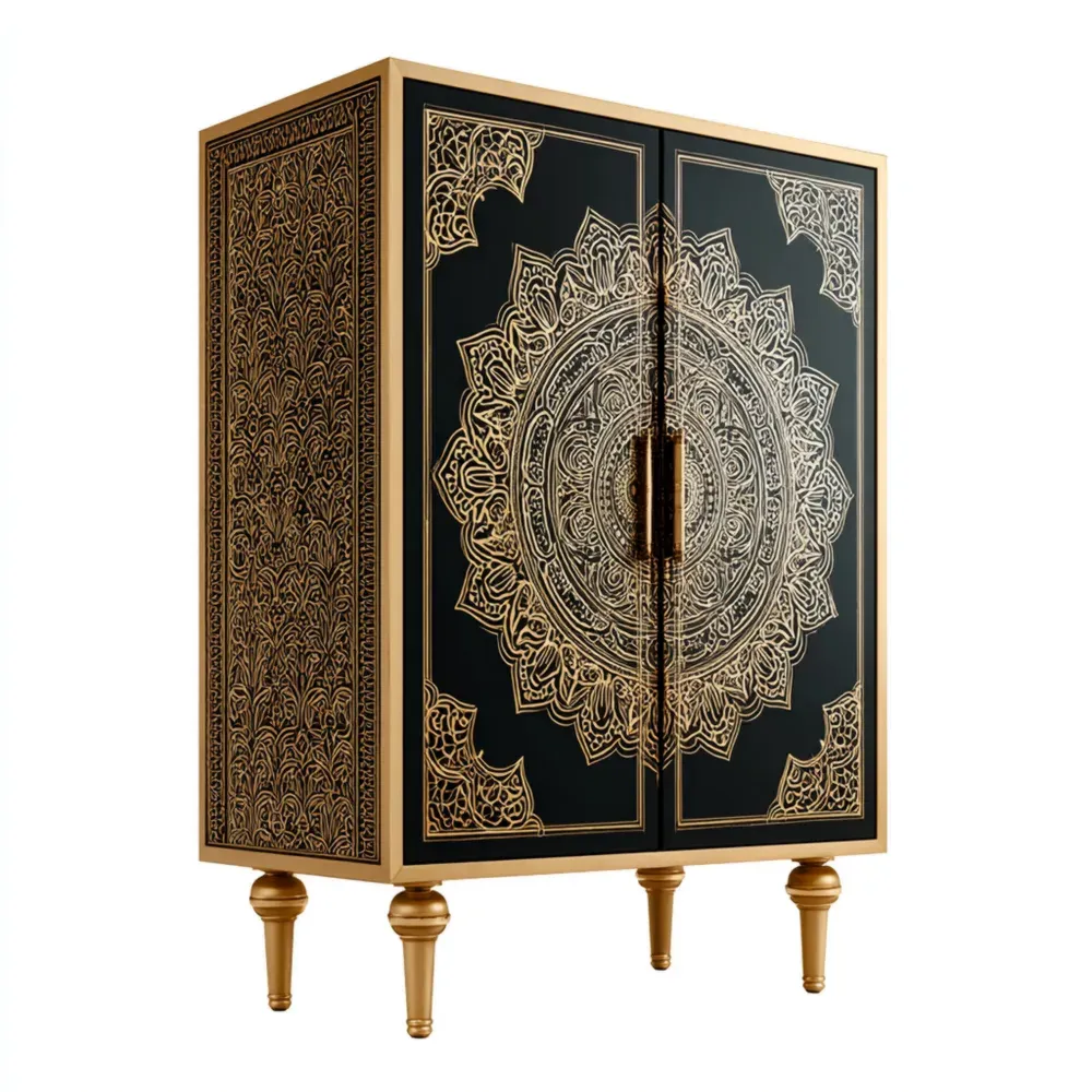 Armario de Almacenamiento Madera Tallada 120x40x180 cm - Negro/Dorado - Diseño Clásico