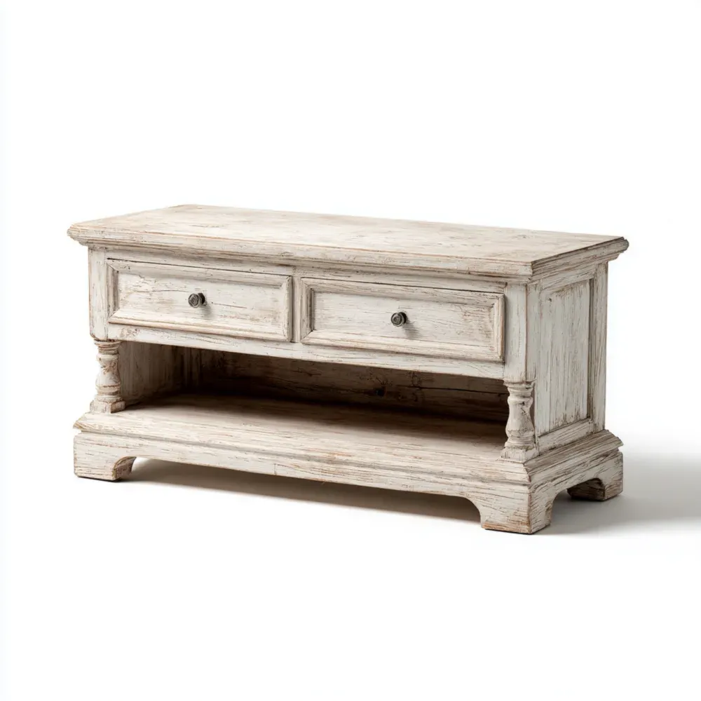 Mueble de TV de Madera Maciza 100x40x45 cm - Blanco Envejecido - Estilo Rústico