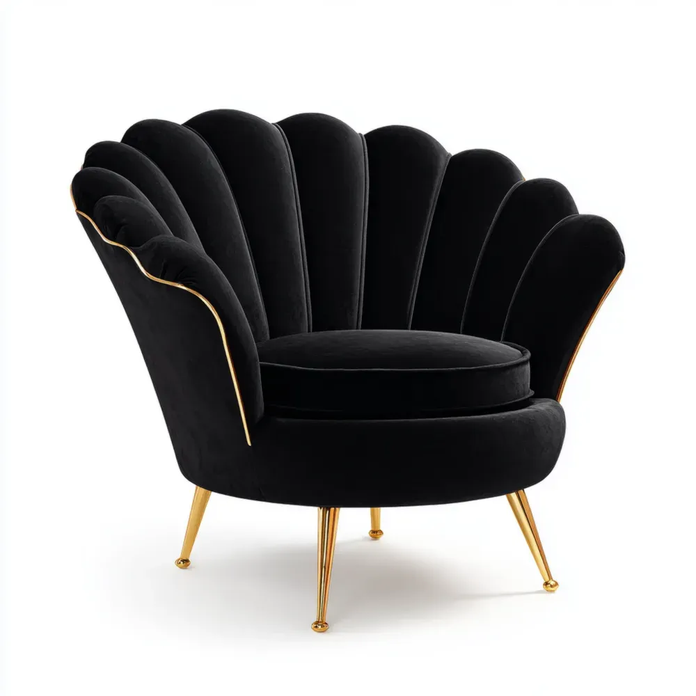 Sillón tapizado en terciopelo (95x90x90 cm) Negro con patas Doradas – Diseño vintage