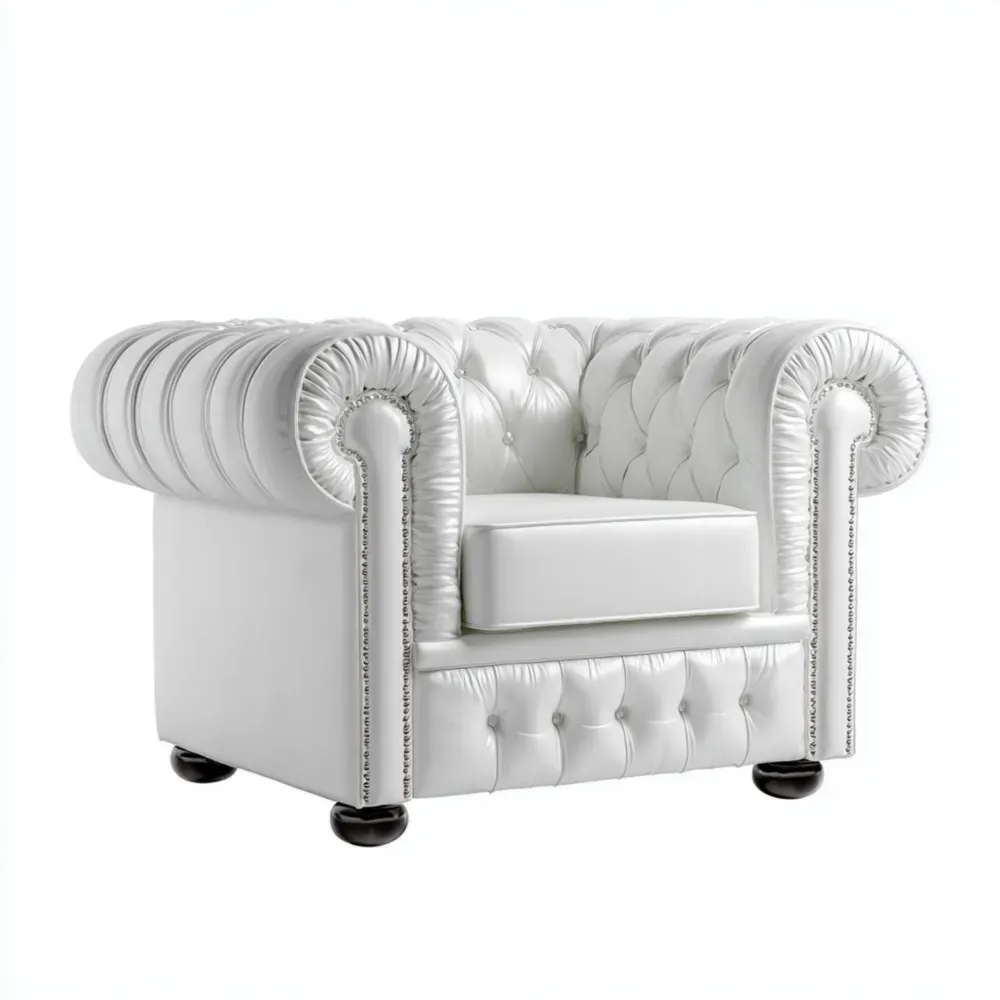 Sillón Tapizado en Cuero 110x90x75 cm - Blanco - Estilo Clásico