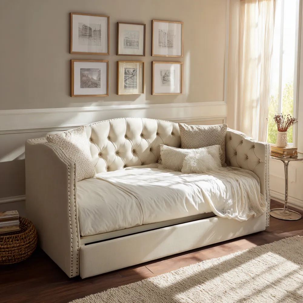 Sofá cama tapizado en tela 200x90x80 cm – Beige – Diseño clásico