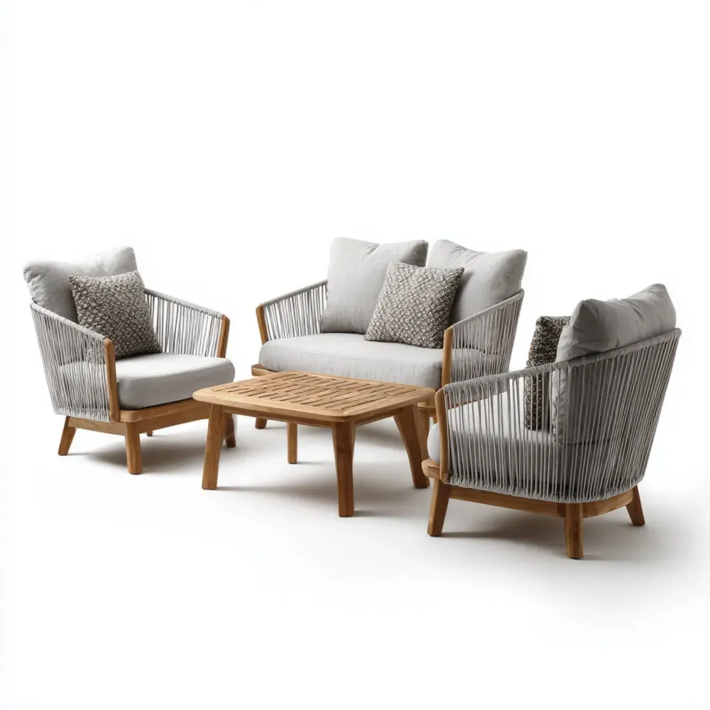 Juego de sofá de jardín 120x75x80 cm con cojines 4 piezas - Madera y cuerda 120x75x80 cm - Gris Claro - Diseño contemporáneo