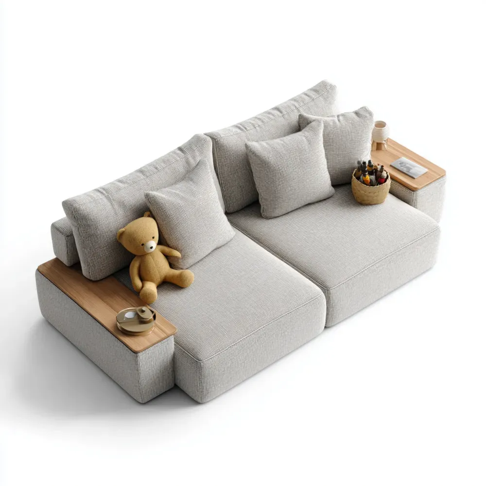 Sofá moderno de tela Beige con reposabrazos de madera 200x90x85 cm