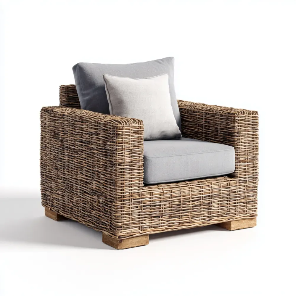 Sillón de ratán tejido para exteriores 90x80x75 cm - Marrón/Gris - Estilo rústico