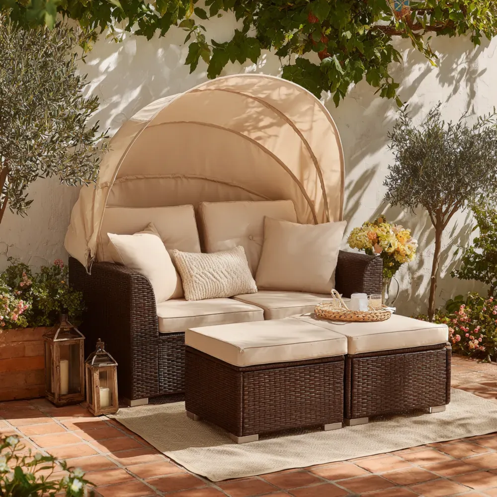 Conjunto de Sofá de Jardín Ratán Sintético 160x120x85 cm – Crema – Toldo Ajustable