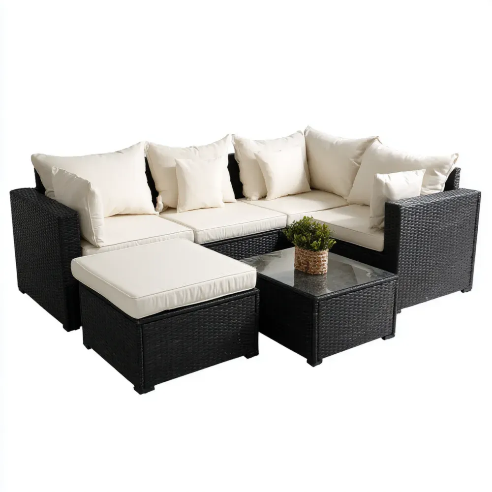 Conjunto de Sofás de Jardín Ratán Sintético Cojines 150x75x64 cm - Negro/Crema - Diseño Moderno