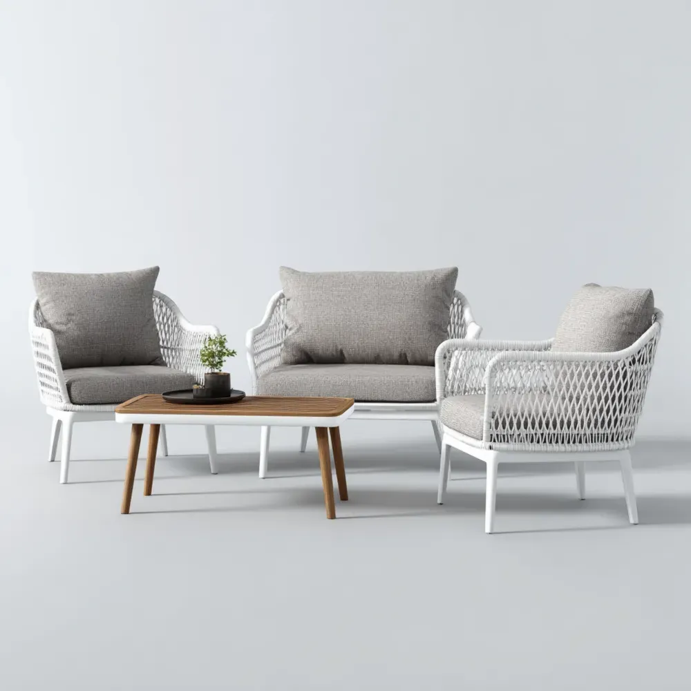 Conjunto de Sofás de Jardín Ratán Sintético 3 Piezas 120x75x70 cm - Blanco/Gris - Diseño Moderno