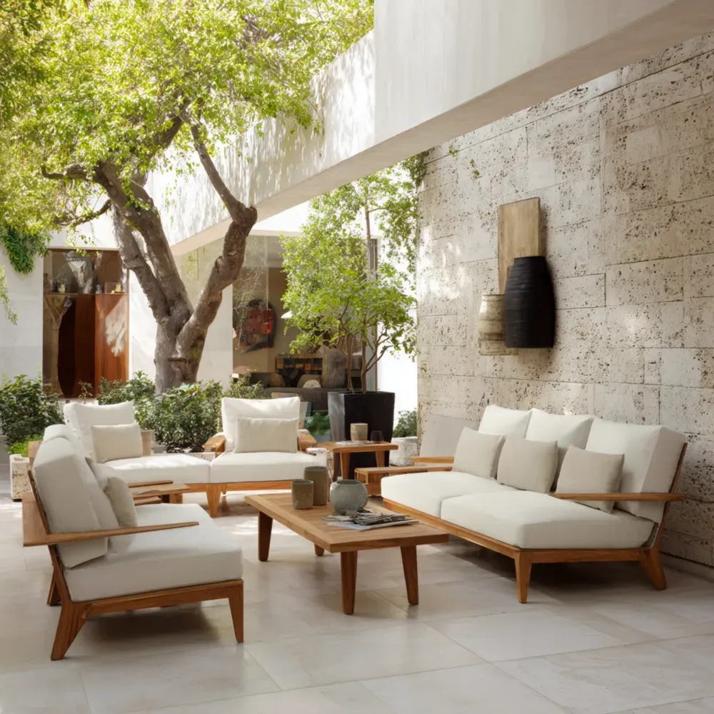 Conjunto de Sofás de Jardín en Madera de Teca 200x85x75 cm – Cojines Crema – Diseño Contemporáneo