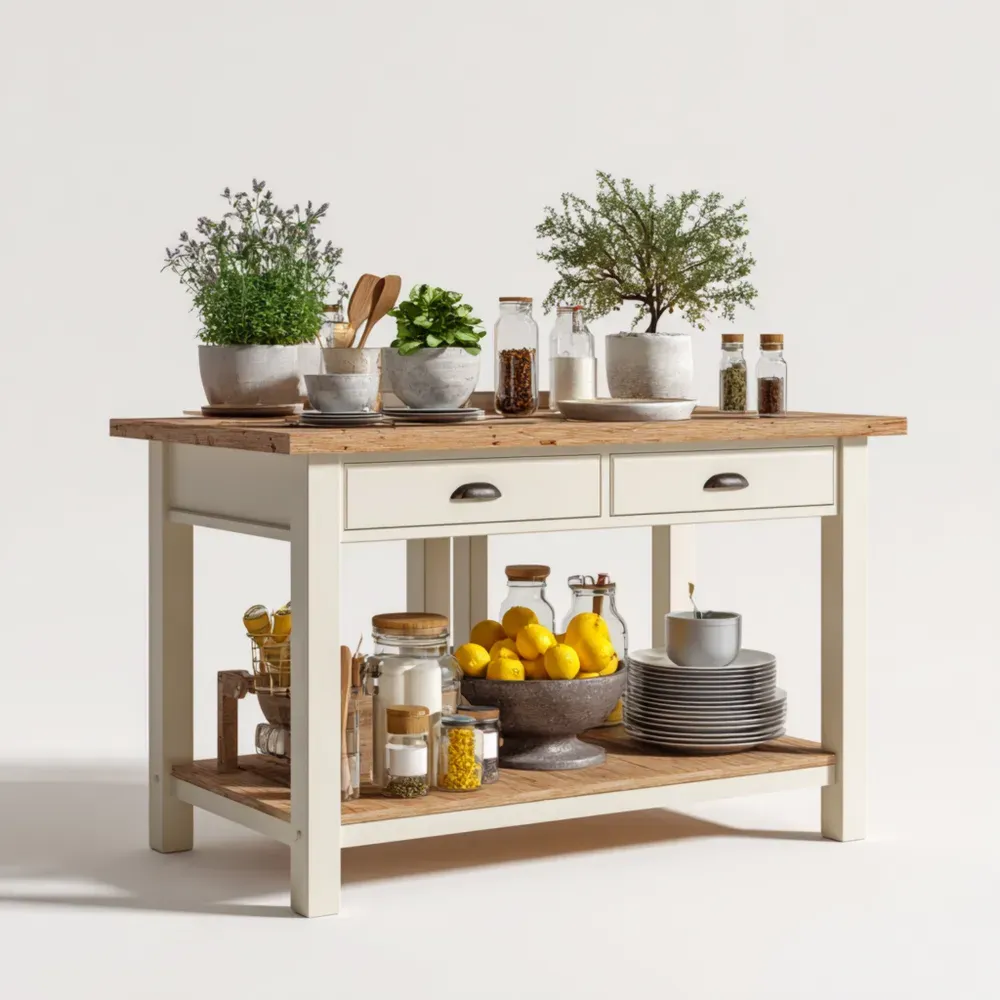 Isla de Cocina de Madera 120x60x90 cm - Blanco/Roble - Rústico