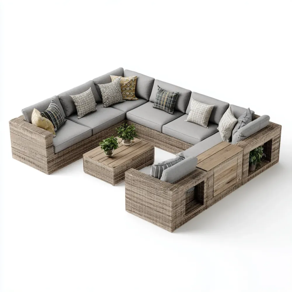 Conjunto de Sofá Seccional para Patio 250x200x75 cm - Ratán y Tela - Gris Claro - Diseño Modular