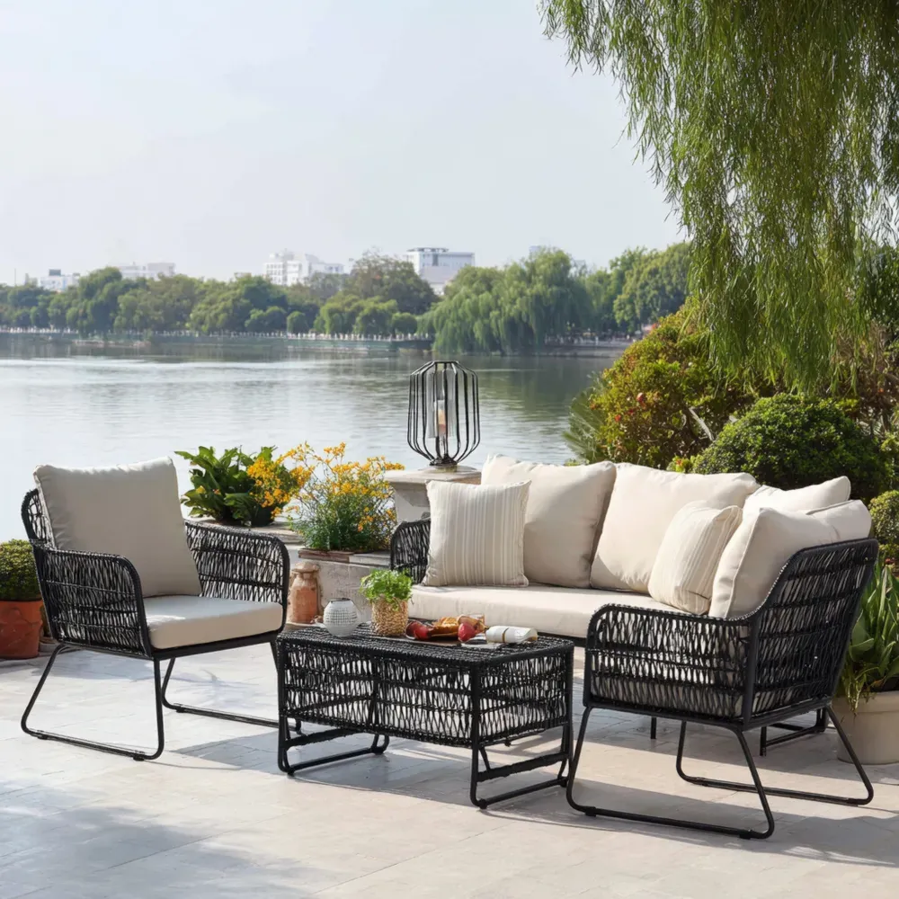 Conjunto de Sofás para Patio Ratán Sintético 140x75x80 cm Negro/Beige Cojines Beige Diseño Contemporáneo