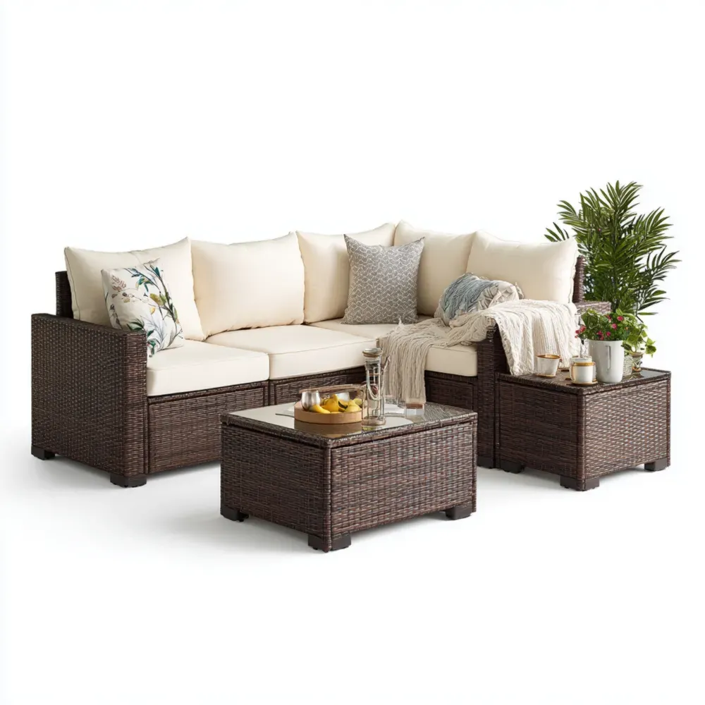 Conjunto de Sofá de Jardín Ratán Sintético 210x140x70 cm Cojines Desenfundables Beige – Diseño Moderno