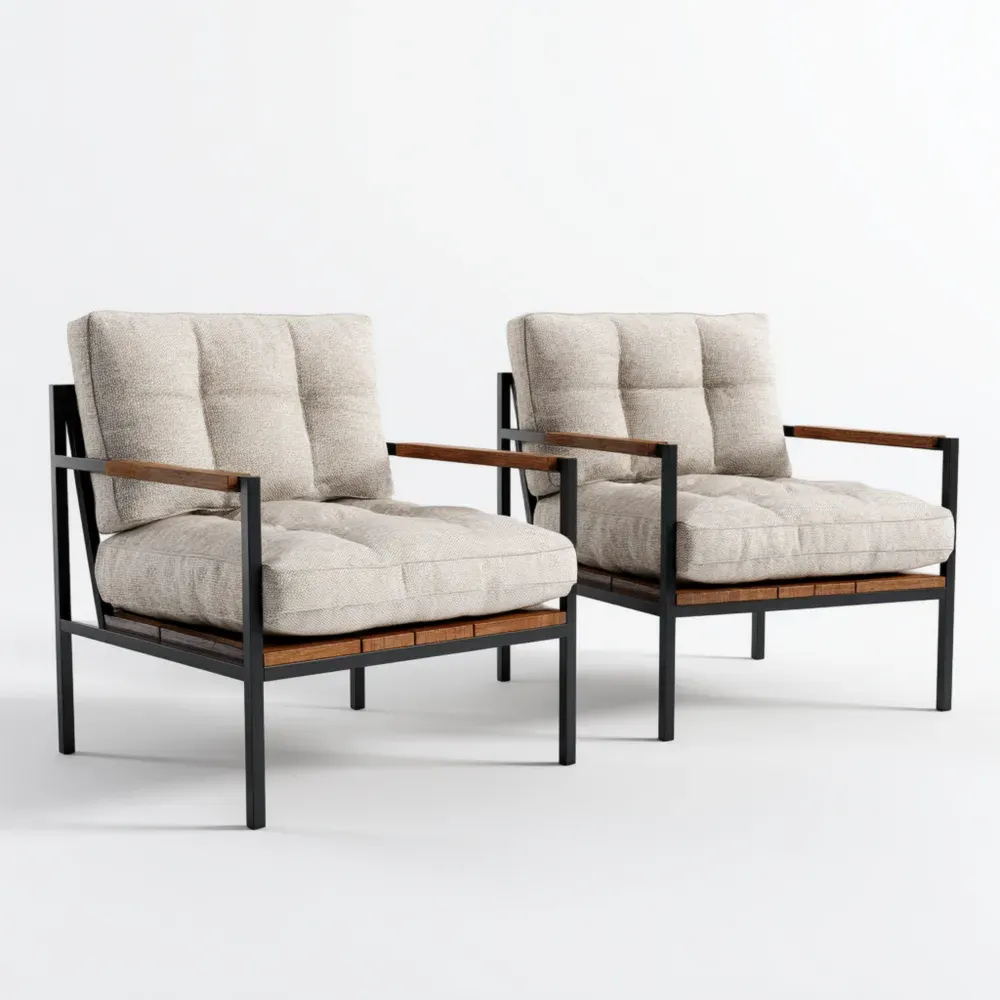 Sillones de jardín de metal y madera con cojines Beige – 78x85x80 cm – Diseño moderno