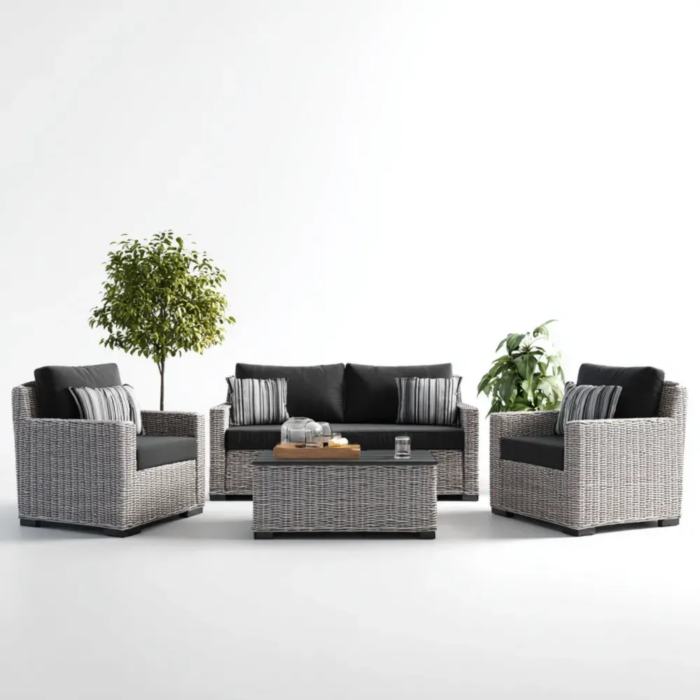 Conjunto de sofá de jardín Ratan 4 piezas 80x75x70 cm – Gris/Negro – Diseño contemporáneo