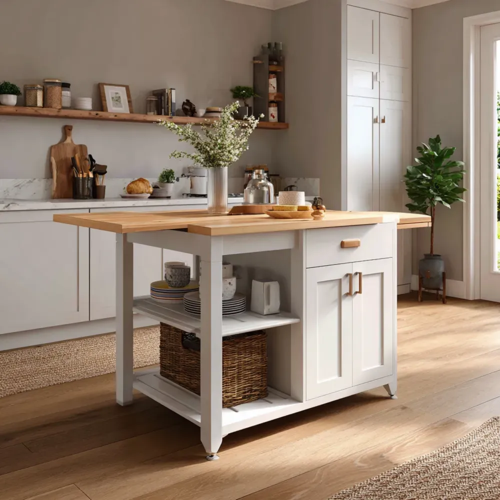 Isla de Cocina de Madera y Metal con Almacenamiento 120x80x90 cm - Blanco/Natural - Diseño Moderno