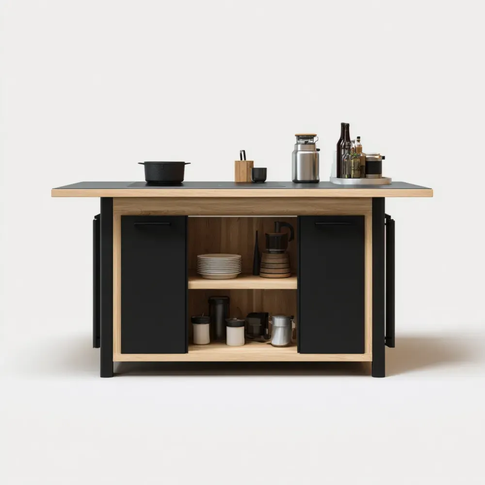 Isla de cocina 120x60x90 cm Madera Negra con estantes abiertos y almacenamiento