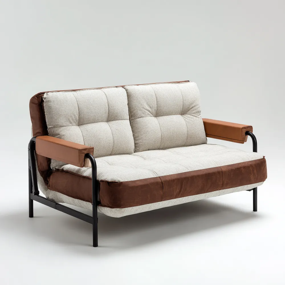 Sofá cama 2 plazas 190x90x85 cm - Tela/Piel Sintética - Beige/Marrón - Diseño Moderno