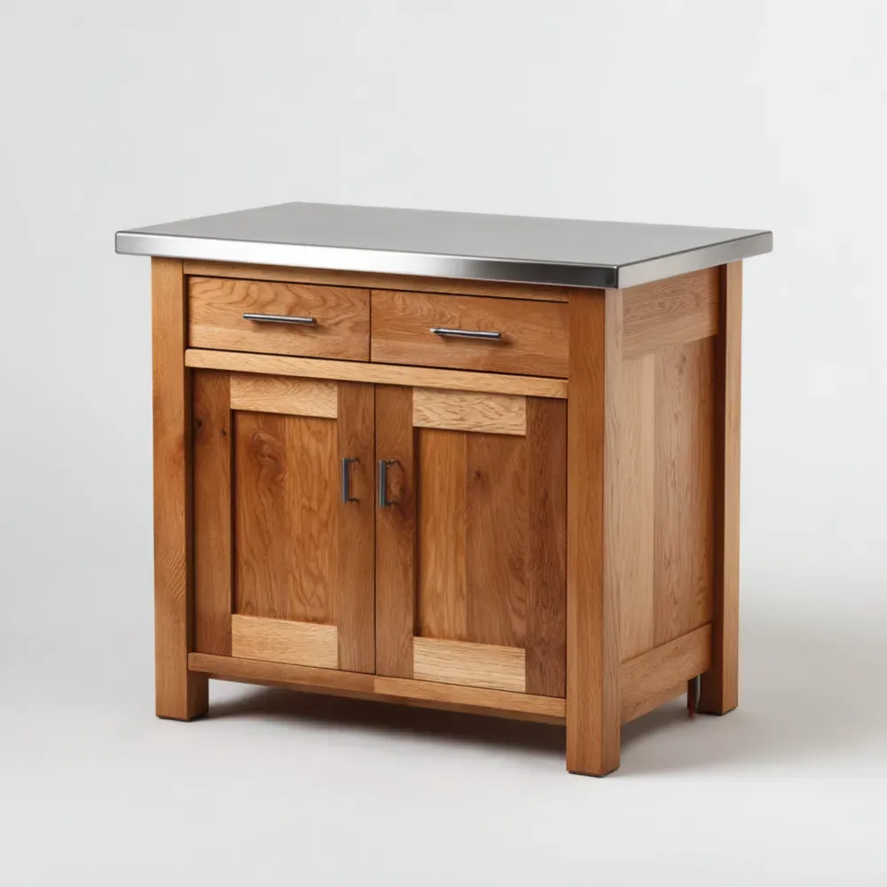 Isla de Cocina 100x60x90 cm Madera Roble con Encimera Acero Inoxidable - Diseño Clásico