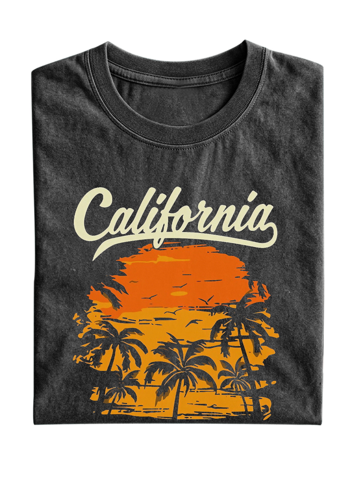 California Hawaiian Coconut Print Washed Cotton Short-sleeved T-shirt
