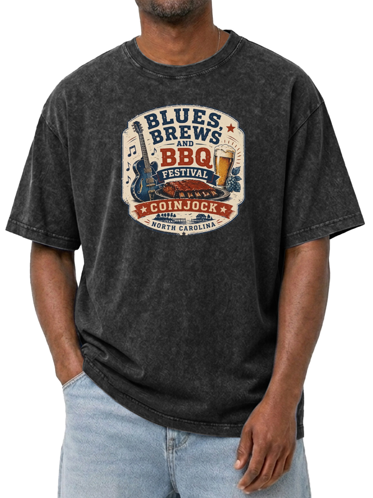 BLUES BREWS AND BBQ Printed Washed Cotton Tee