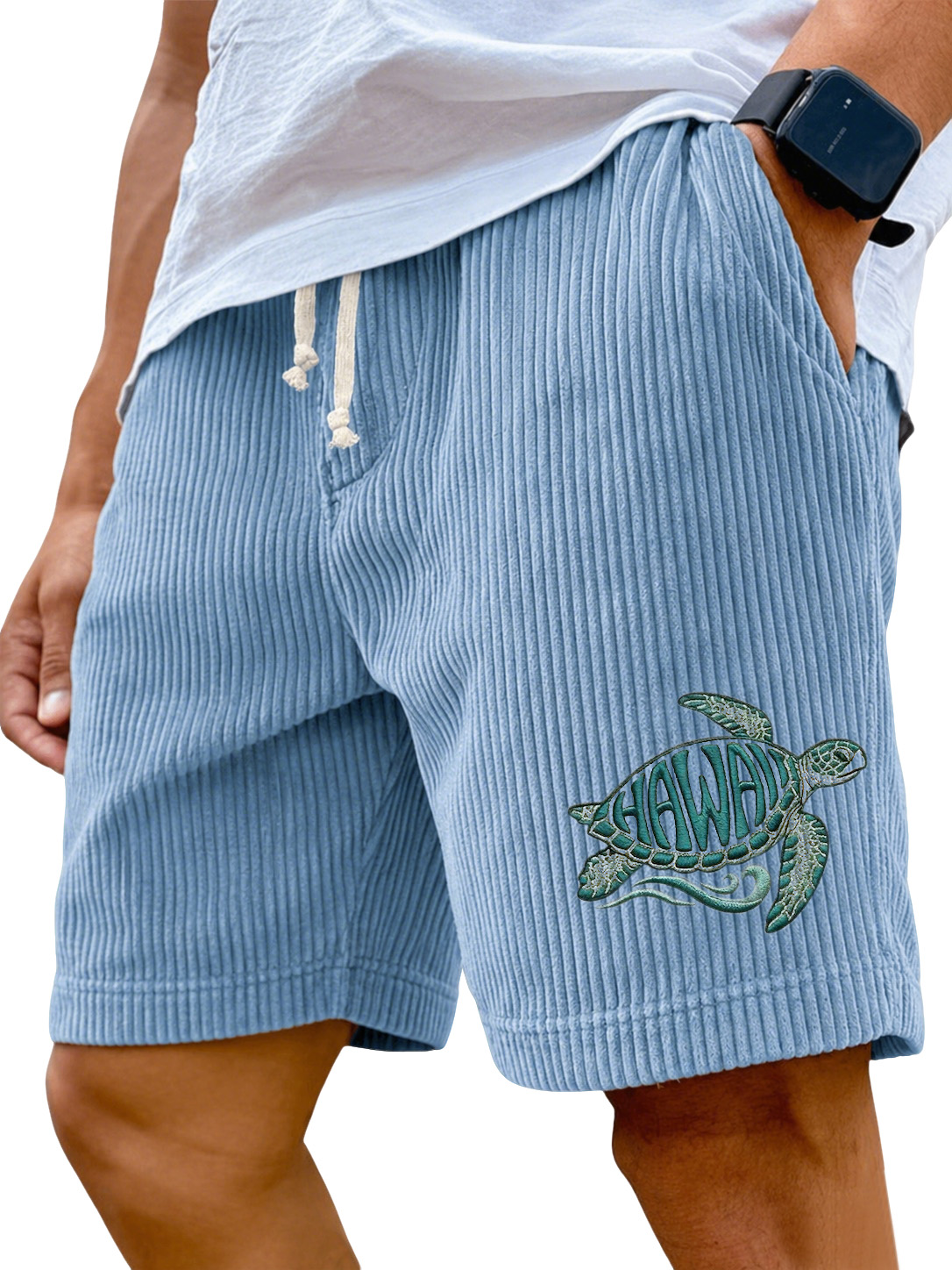 Men’s Corduroy Drawstring Shorts with Hawaii Sea Turtle Embroidery