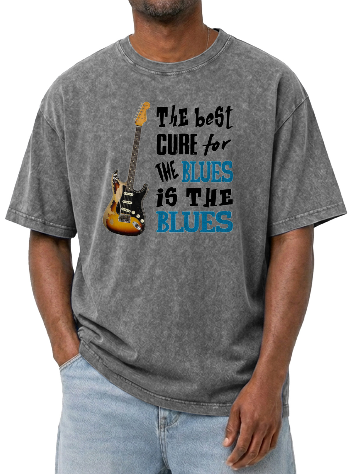 The Best Cure For The Blues Is The Blues Classic Printed Washed Short Sleeve T-Shirt