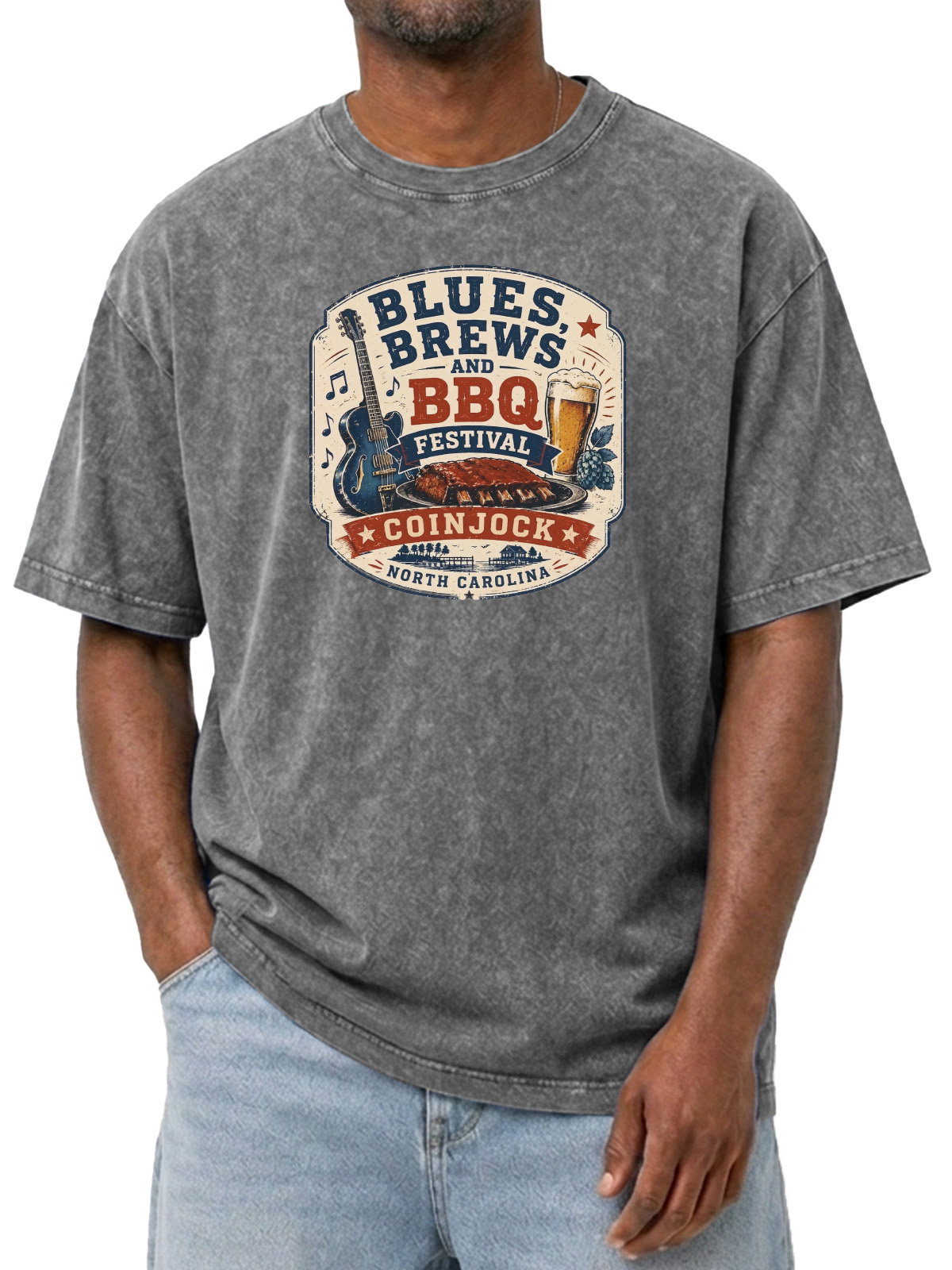 BLUES BREWS AND BBQ Printed Washed Cotton Tee