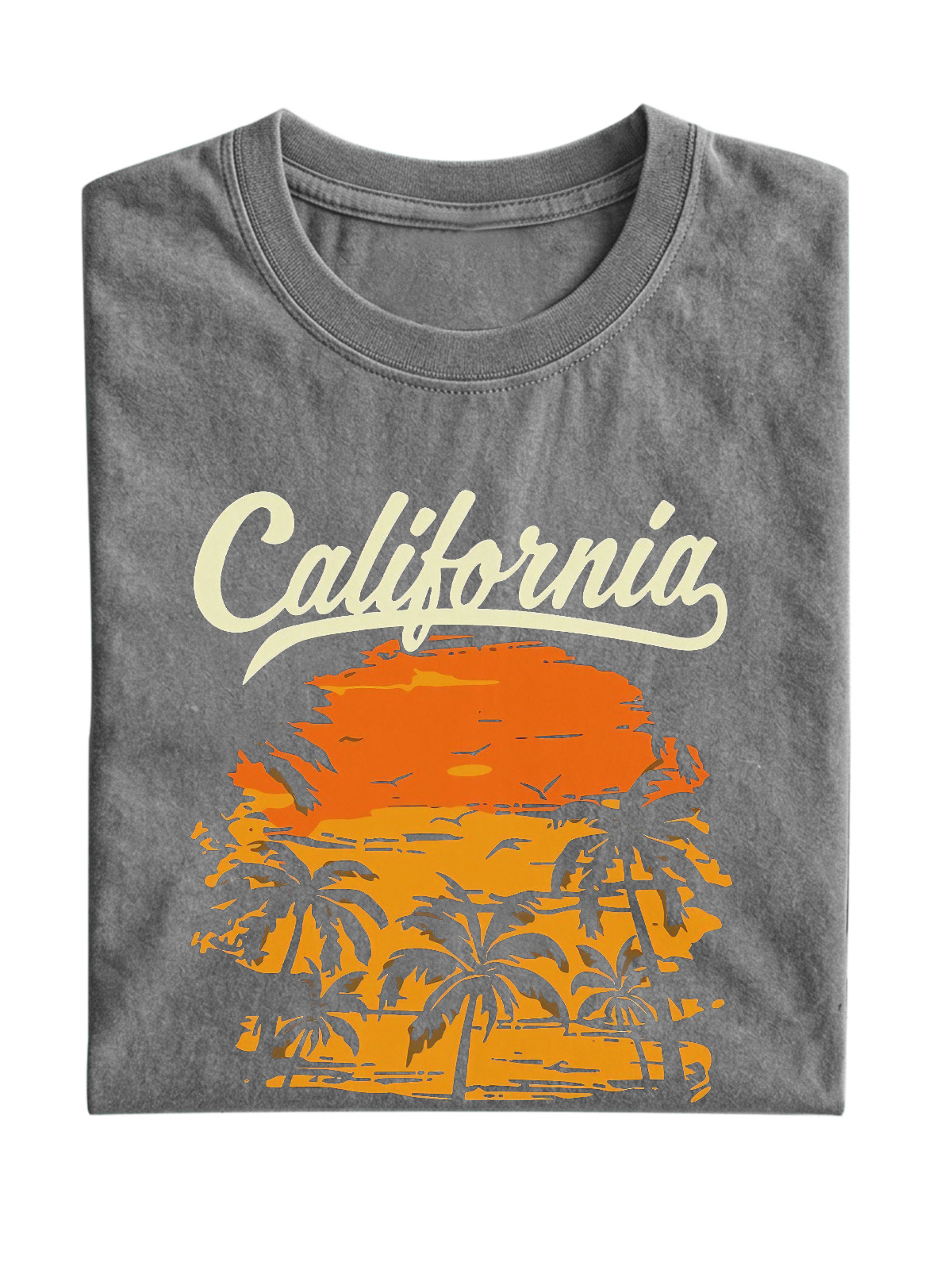 California Hawaiian Coconut Print Washed Cotton Short-sleeved T-shirt
